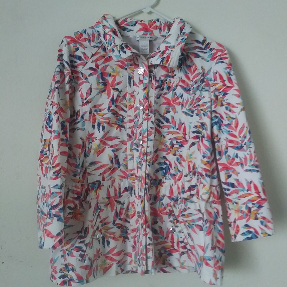 Women's Colorful Tropical Print 3/4 Sleeve Lightweight Jacket, Size L